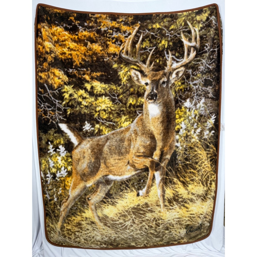 Vtg Al Agnew Deer Fleece Blanket Plush Whitetail‎ Buck Throw Fuzzy Northwest Co